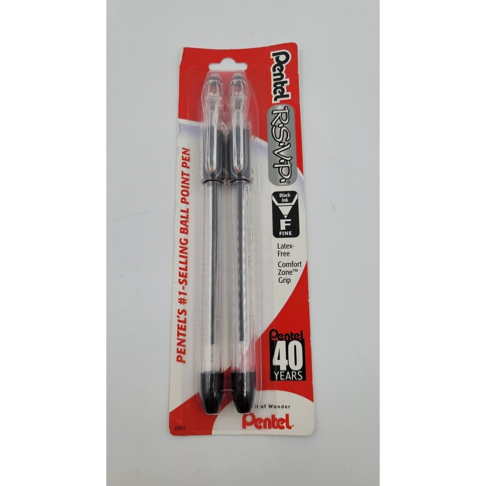 NEW 2-PACK Pentel RSVP Ballpoint Pen .7mm Fine BLACK Ink Clear Barrel BK90-A